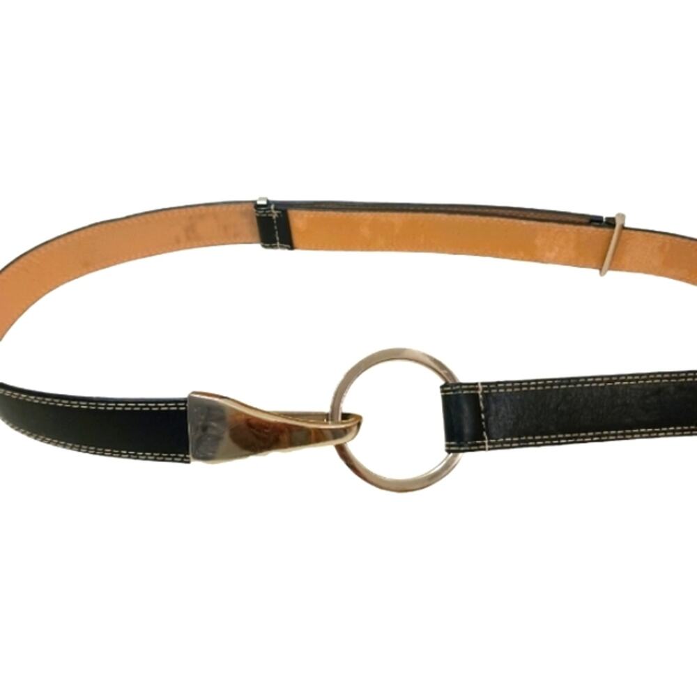 WCM Italian Leather Black Belt‎ Sz M Silver Circle Clip Adjustable Designer Glam